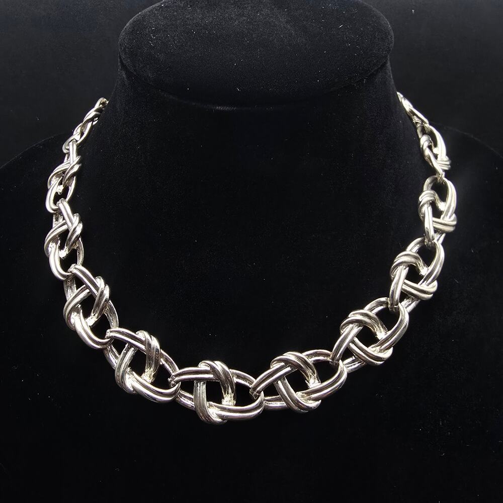 Silver Tone Twisted Knot Link Necklace Toggle Clasp Chunky Statement